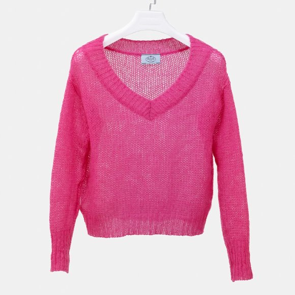 Prada Sweaters - Prada Neon Pink Knit V-Neck Sweater